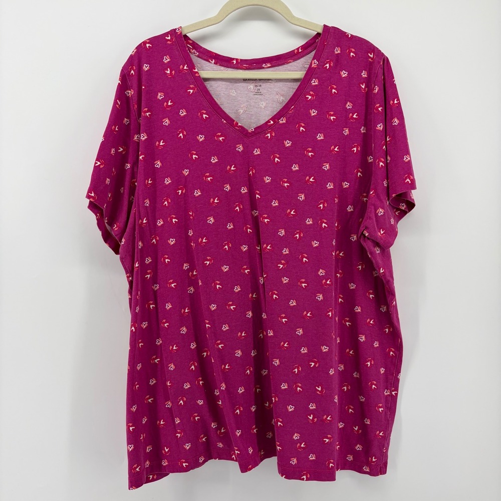 Woman Within Womens 2X Berry Pink V-Neck T-Shirt Heart Print 100% Cotton Casual